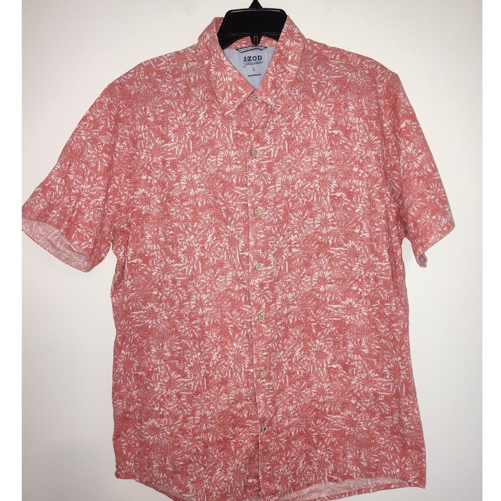 IZOD Saltwater Mens Red‎ Floral Tropical Short Sleeve Button Down Shirt Large